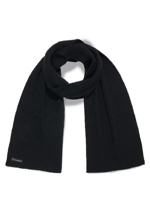 Czarny, prążkowany szalik dziany o miękkiej fakturze, z płaskim krojem i małą metką marki wszytą na jednym końcu.
