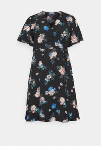 Vestido negro ceñido con estampado floral en rosa, azul y verde. Mangas cortas y aterciopeladas, y cintura con lazo. Fabricado en un tejido ligero.