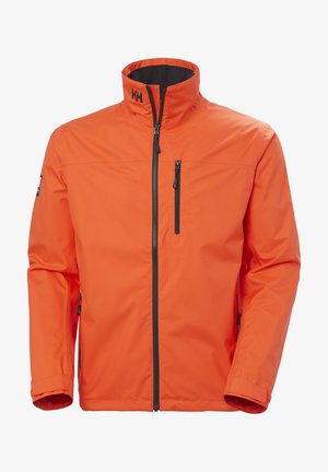 Oranje waterdichte jas met een hoge kraag, ritssluiting aan de voorkant en één borstzak. Heeft contrasterende zwarte accenten en een gladde textuur.