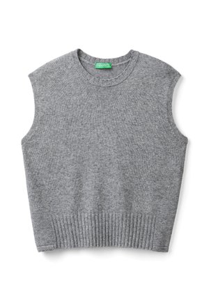 Grauer, gestrickter ärmelloser Pullover mit geripptem Saum und Rundhalsausschnitt, der eine weiche Textur und ein gleichmäßiges Stichmuster aufweist.