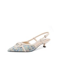 Scarpa slingback a punta con tomaia tessuta blu e crema, dettagli in pelle beige e un piccolo tacco nero.