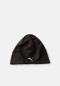 Czarna czapka beanie wykonana z gładkiego, elastycznego materiału, z subtelnym logo w jasnoniebieskim kolorze z przodu oraz smukłym, dopasowanym fasonem.