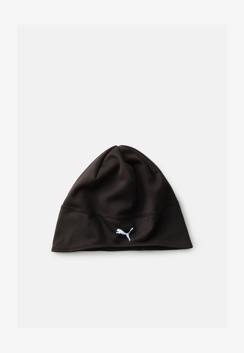 Czarna czapka beanie wykonana z gładkiego, elastycznego materiału, z subtelnym logo w jasnoniebieskim kolorze z przodu oraz smukłym, dopasowanym fasonem.