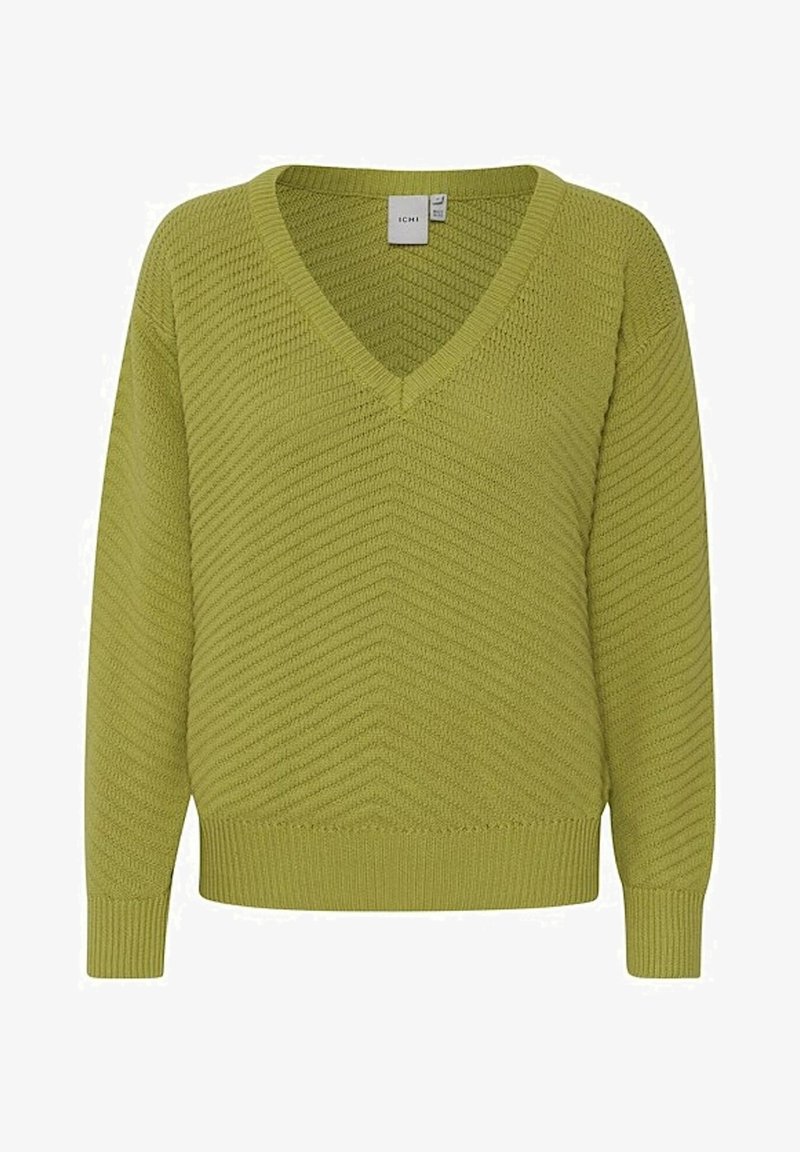 Pull à col en V à manches longues en vert olive avec un motif en chevrons texturé. Dispose de poignets et d'un ourlet côtelés pour une structure et un ajustement.