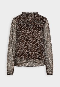 Blouse à manches longues en tissu transparent avec imprimé léopard marron et noir, col montant et détail de nœud à l'avant.