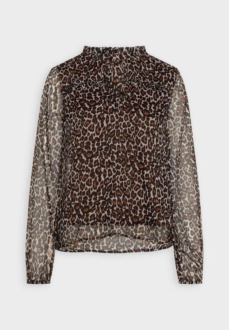 Blouse à manches longues en tissu transparent avec imprimé léopard marron et noir, col montant et détail de nœud à l'avant.