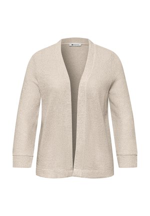 Beige strikket cardigan med åben front, lange ærmer og ribstrikkede manchetter, lavet af tekstureret stof.