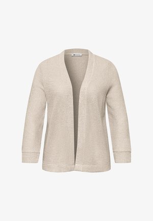 Beige gebreide cardigan met open voorkant, lange mouwen en geribde manchetten, gemaakt van gestructureerde stof.