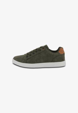 Olive green suede sneaker with white rubber sole, round toe, and lace-up design. Features a brown leather accent and embossed logo detail.