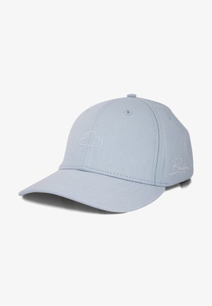 Gorra de béisbol azul con copa redondeada, visera curvada y un pequeño logo de nube bordado en blanco en la parte frontal. Material de algodón, con detalles cosidos.