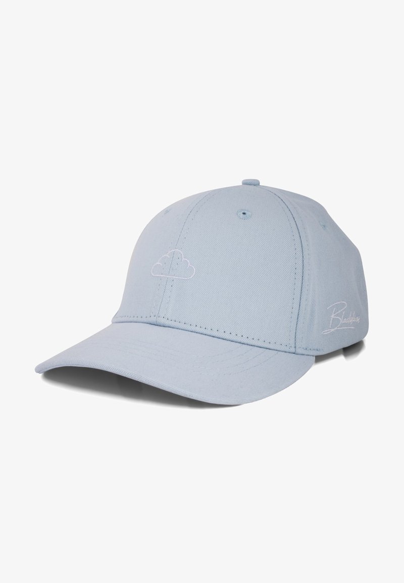 Blue baseball cap with a rounded crown, curved brim, and a small cloud logo embroidered in white on the front. Cotton material, stitched detailing.