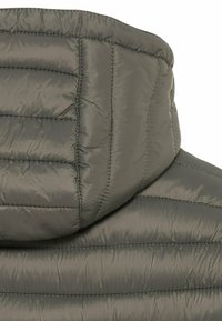 Puffygroene jas met gequilt textuur; heeft een hoge kraag en een gladde afwerking; bevat subtiele stikdetails langs de naden.