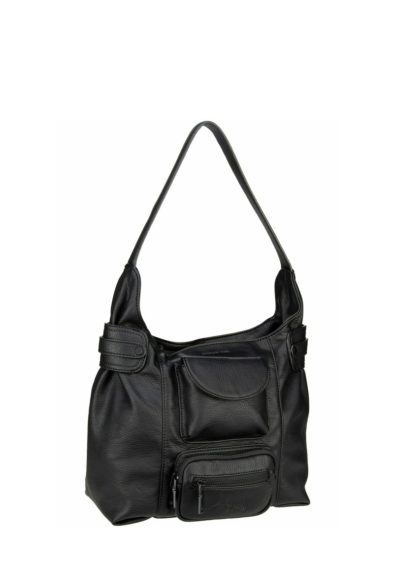 Bolso de hombro de cuero negro con un diseño relajado, que cuenta con múltiples bolsillos con cierre y una textura suave. Incluye una correa larga y plana.