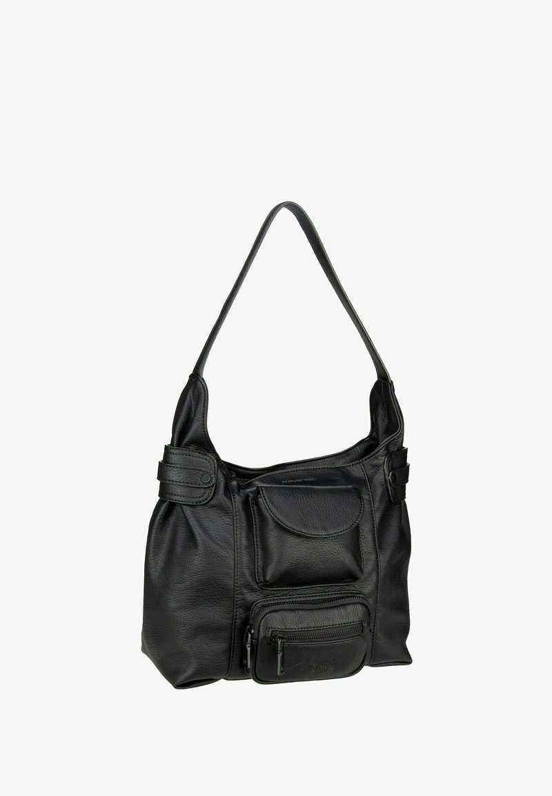 Borsa a tracolla in pelle nera con un design morbido, dotata di molteplici tasche con cerniera e una superficie liscia. Include una lunga tracolla piatta.