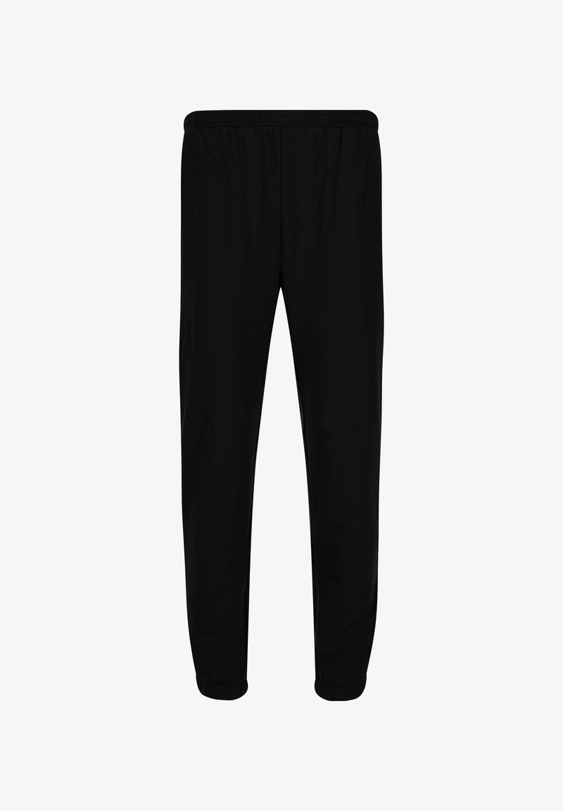 Schwarze Jogginghose mit elastischem Bund, elastischen Bündchen, geraden Beinen und glatter Stofftextur.