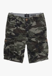 Camouflage cargoshorts in tinten van groen en zwart, gemaakt van katoen, met twee zijzakken en een knoopsluiting bij de taille.