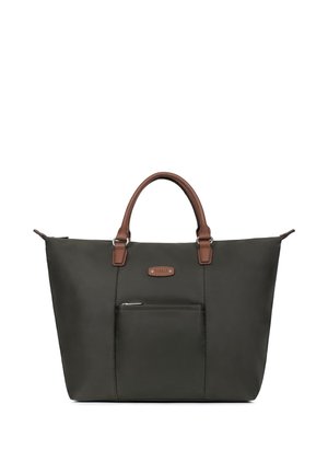 Sac cabas vert foncé avec poignées en cuir marron et poche avant zippée, design simple sur fond blanc.