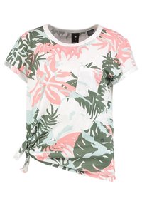 Kortärmad t-shirt med ett tropiskt bladmönster i grönt, rosa och vitt, med en twist-knot detalj vid fållen och en bröstficka.