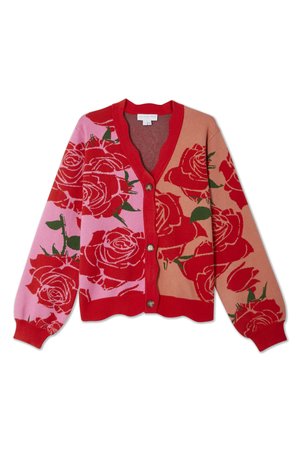 Red and pink floral cardigan with a V-neck, button closure, and ribbed hem. Features large roses against a multi-colored background.