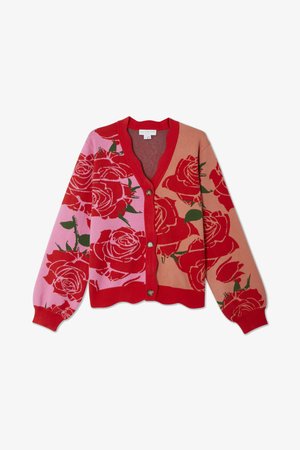 Red and pink floral cardigan with a V-neck, button closure, and ribbed hem. Features large roses against a multi-colored background.