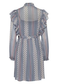 Vestito lungo con maniche a sbuffo in un tessuto leggero, caratterizzato da motivi geometrici alternati blu, beige e bordeaux, con vita belted.