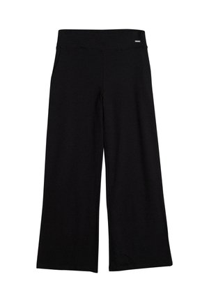 Čierne nohavice s širokými nohavicami vyrobené z mäkkej tkaniny; majú vysoký elastický pás a bočné vrecká; hladká textúra; bez viditeľných vzorov alebo akcentov.