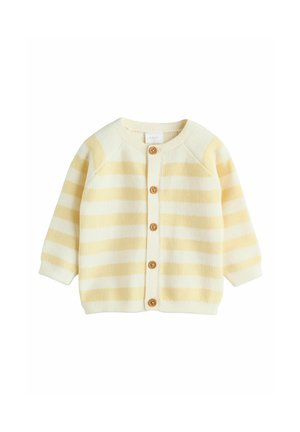 Gelb-weiß gestreifter Cardigan aus weichem Strickmaterial. Mit rundem Ausschnitt, Knopfleiste vorne und Holzknöpfen. Lange Ärmel.