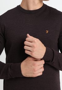 Maglione lavorato a maglia marrone scuro con scollo rotondo e maniche lunghe. Presenta un piccolo logo arancione sul petto. Tessuto morbido e design aderente.