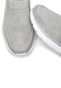 Grey slip-on shoes made of textured synthetic material with white soles, featuring contrasting red stitching and smooth rounded edges.