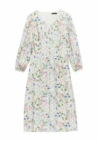 Kukkakuosiset mekko v-päällä, pitkissä puffihihnoissa ja polvipituudessa. Ominaisuuksina moniväriset kukkakuviot vaalealla taustalla.