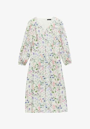Kwiatowa sukienka z dekoltem w serek, długimi bufkami i długością do kolan. Posiada wielokolorowe wzory kwiatowe na jasnym tle.