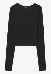 Dugih rukava crni crop top od mekanog, rastezljivog materijala s okruglim izrezom i ušivenim rubom, s jednostavnim i uskim dizajnom.