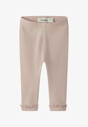 Jasnoróżowe legginsy dla niemowląt z elastycznym pasem i falbanami z koronki przy kostkach, rozmiar 1-2 miesiące, marka Lil' Atelier.