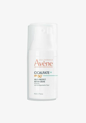 Avene Cicalfate+ SPF 50+ in a cylindrical white bottle with a pump dispenser. Label features orange and teal text, stating "Multi-Protect Repair-Creme."