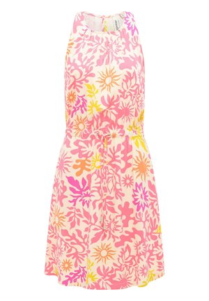 Sukienka bez rękawów z różowymi, pomarańczowymi i żółtymi wzorami kwiatów i słońca, z wiązanym w pasie sznurkiem oraz okrągłym dekoltem.