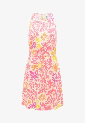Mouwloze jurk met roze, oranje en gele bloemen- en zonpatronen, voorzien van een trekkoord in de taille en een ronde halslijn.