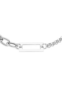 Silver chain bracelet featuring elongated links and a rectangular hollow centerpiece for personalization. Smooth, polished finish.