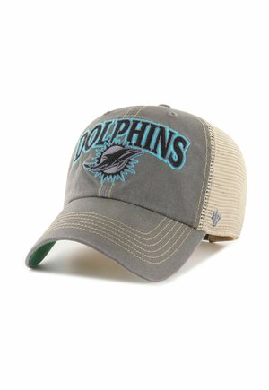 Gray and beige mesh baseball cap with teal "DOLPHINS" text and dolphin logo on front, beige stitching, and adjustable strap at back.