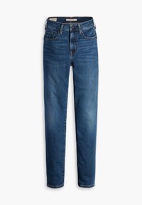 Blå denimjeans med rak passform, som har fem fickor, bältesöglor och subtila slitningar vid låren.