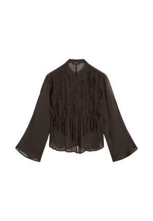 Zwart, lichtgewicht blouse met een gerimpelde voorkant, lange klokvormige mouwen en een ronde kraag. Voorzien van een knoopsluiting aan de voorkant.