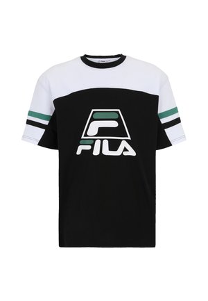 Czarny i biały T-shirt z krótkim rękawem i zielonymi akcentami. Posiada duże logo z przodu i paski na rękawach. Wykonany z bawełny.