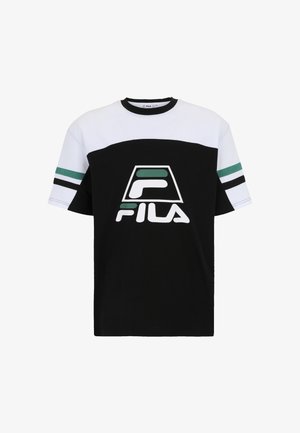 Svart och vit kortärmad T-shirt med gröna accenter. Har en stor logotyp på framsidan och randiga mönster på ärmarna. Tillverkad i bomull.