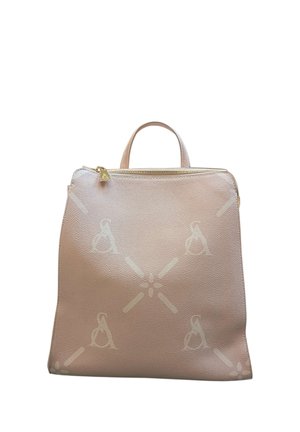 Borsa a mano in pelle rosa chiaro con manico superiore, cerniera dorata e motivo logo in rilievo sottile sul davanti.