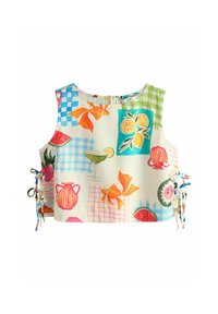 Korte mouwen, multicolore crop top met patronen van fruit en vis. Gemaakt van lichte stof, met strikjes aan de zijkanten voor een verstelbare pasvorm.