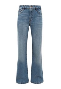 Jeans in denim blu a gamba svasata con vita a media altezza. Presentano cinque tasche, un leggero sbiadimento e cuciture standard lungo le cuciture.