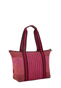 Striped tote bag featuring varying shades of pink with dark accents, zip closure, and sturdy handles. Made from durable fabric.