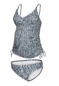 Mammakostym i zebra-print i marinblått och vitt. Topp med justerbara band och veck; botten har matchande mönster med samlade sidor.