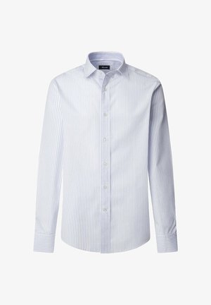 Camicia a righe blu chiaro in cotone. Presenta una chiusura con bottoni sul davanti, un colletto classico e maniche lunghe con polsini abbottonati.