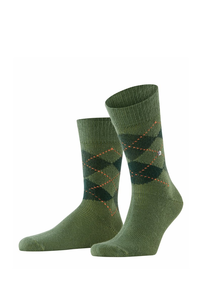 Calzini verdi con un motivo a rombi in verde scuro e accenti arancioni. Composti da un tessuto a maglia testurizzata, con polsini a coste.