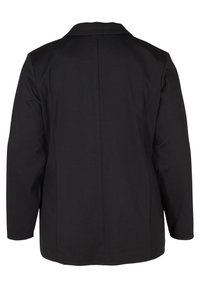 Blazer nero con un tessuto liscio e texturizzato, apertura sul retro, colletto a risvolto classico e maniche lunghe. Vista posteriore, nessun hardware o dettaglio visibile.